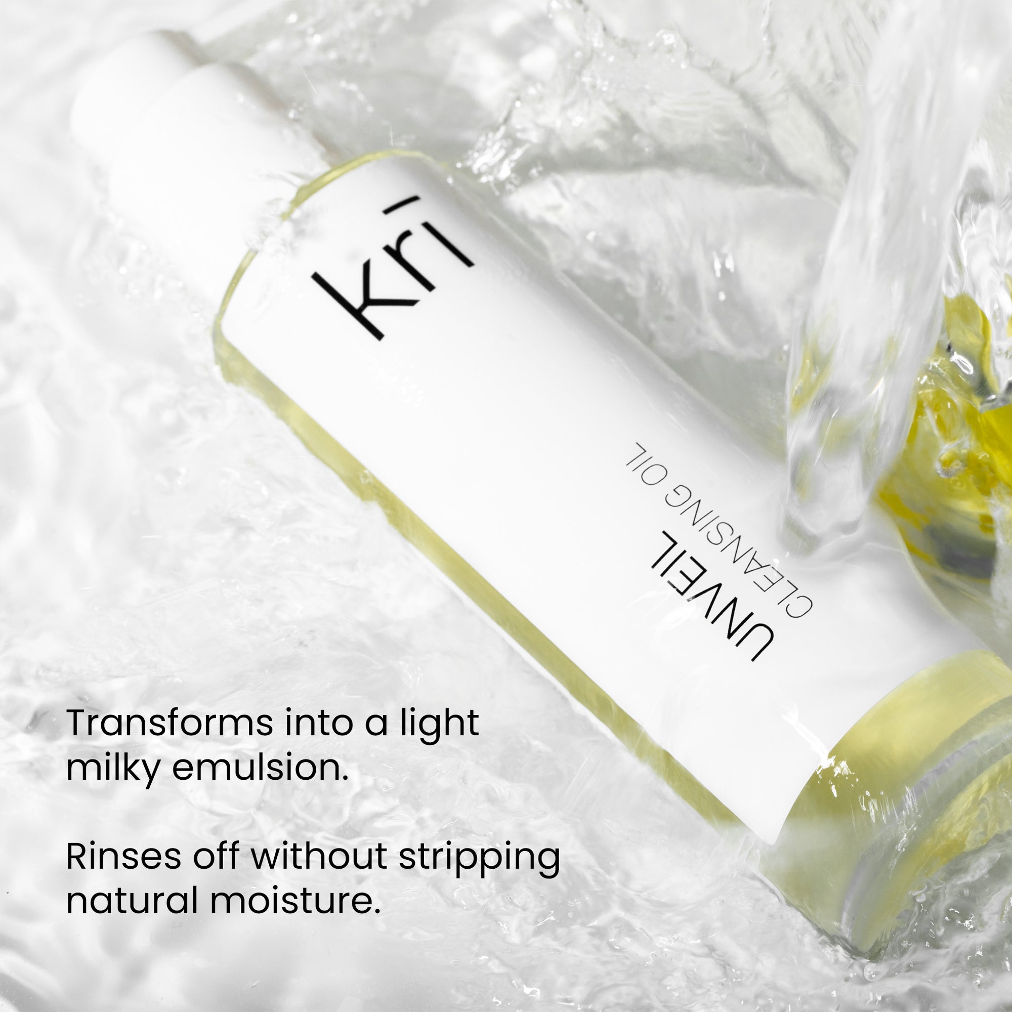 Image of a bottle of Unveil Cleansing Oil, which  transforms into a light milky emulsion. Rinses off without stripping natural moisture.